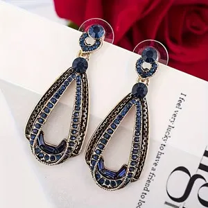Authentic French Style Dk Blue Glass Inlaid White Gold Plated Dangle Earrings
