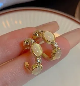 Authentic Gold-plated Irregular C-shaped Opal Stone and CZ Inlaid Stud Earrings
