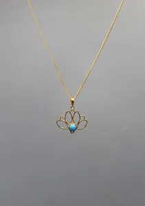 Authentic Feroza Turquoise inlaid Gold Plated Lotus Pendant