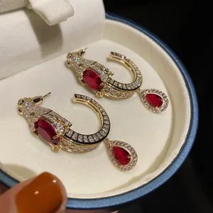 Authentic Gold plated semi precious ruby inlaid tear drop zircon earing