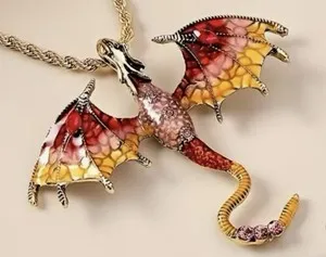 Authentic Beautiful Flying Dragon With Inlaid Rhinestone Pendant Necklace Gold Plated