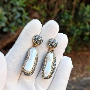Authentic Statement Pearl Earrings Baroque Inlaid Crystals Gold Plated Silver OOAK Artisan