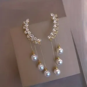 Authentic Gold Plated Faux Pearl Pendant Sparkling Rhinestone Inlaid Ear Cuff Earrings.
