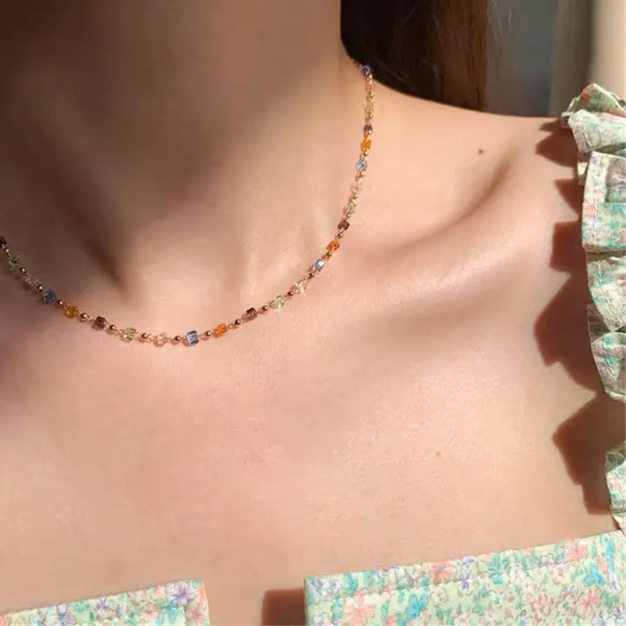 Authentic Simple Colorful Square Acrylic Choker Gold Color Bead Chain Necklace Vintage Crystal Necklace For Women Party Jewelry