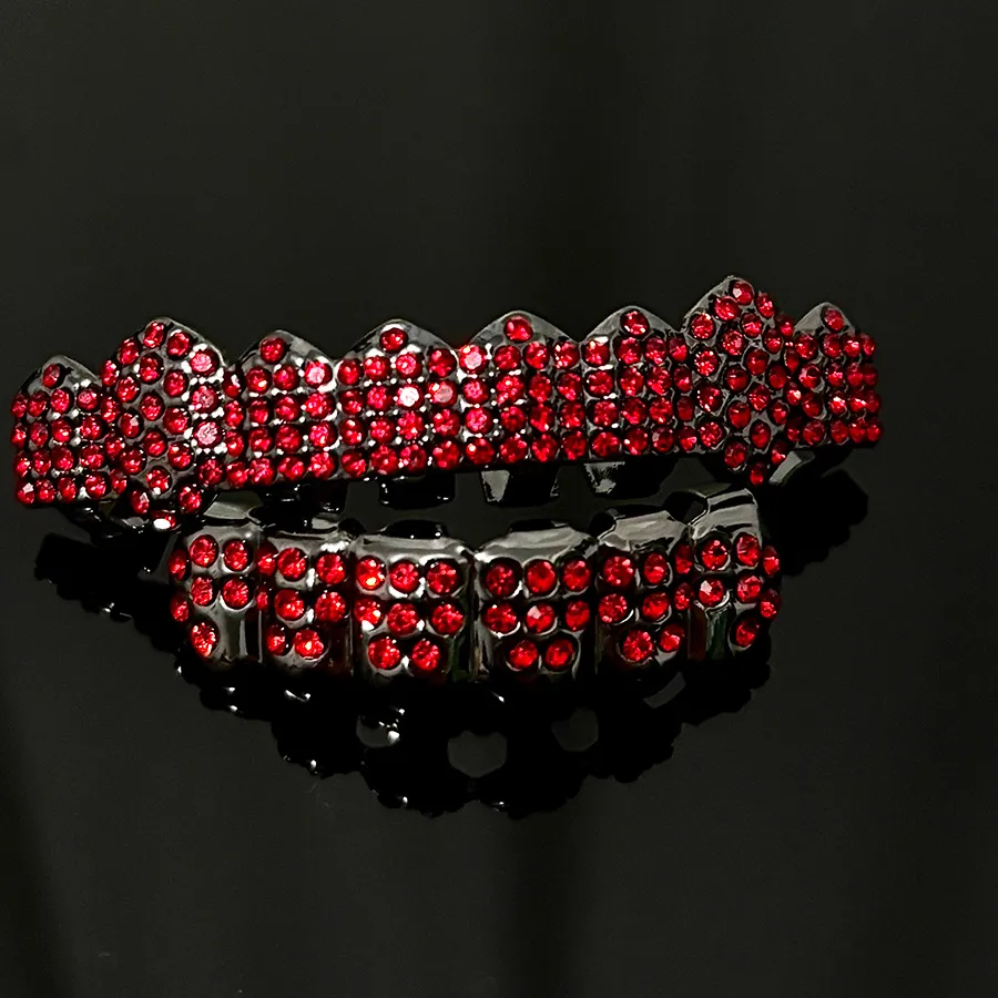 Authentic RACHELZ DIY Gothic Red Zircon Teeth Grillz Fangs Hip Hop Black Color CZ Stone Tooth Caps For Women Men Jewelry Halloween