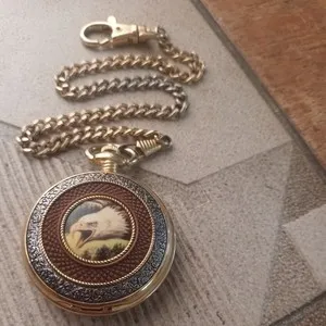 Authentic Franklin Mint 2" Pocket Watch Bald Eagle Quartz Gold Plated Case & Chain