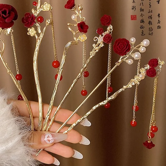 Authentic Rose Flower Hair Stick Tassel Hairpin Chinese Wedding Hair Accessories For Women Golden Metal Pearl Tiaras Retro Head Jewelry