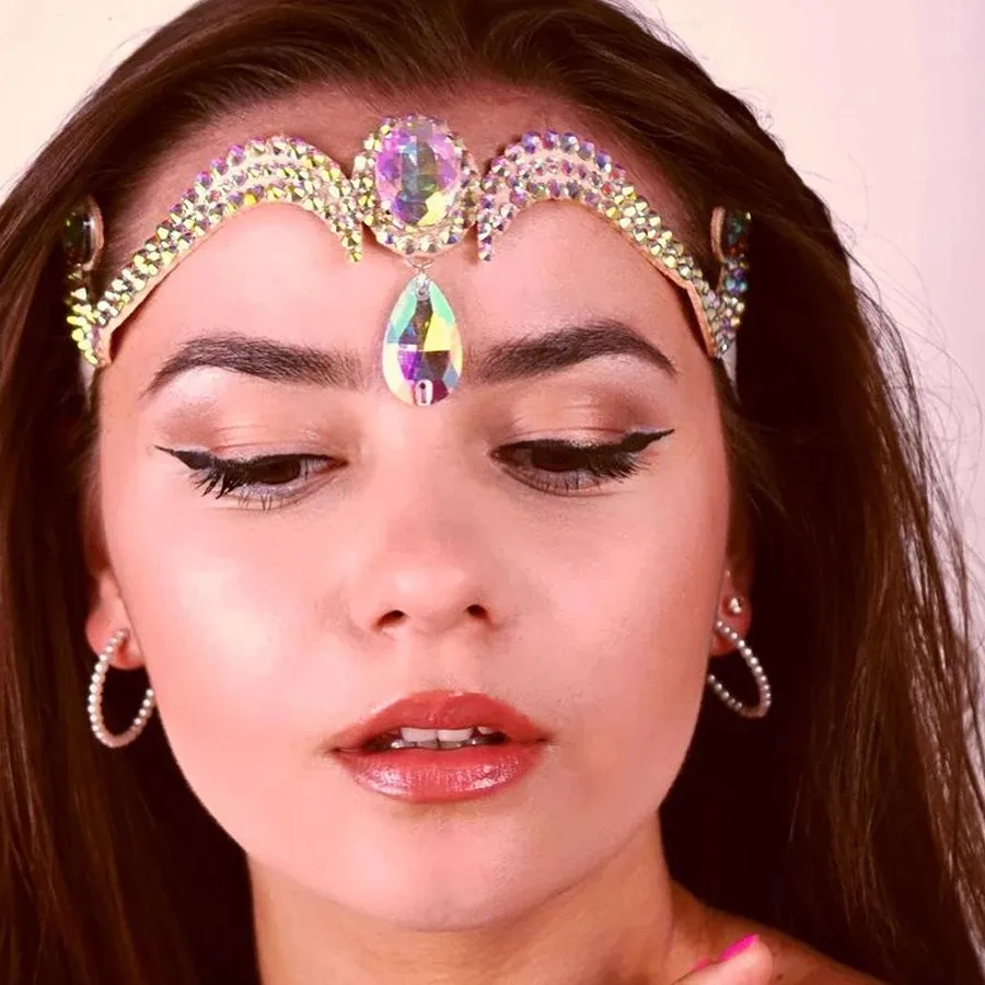 Authentic 2024 Water Drop Forehead Headband Chain Bohemian Hair Jewelry Elegant Bridal Colorful Rhinestone Head Chain Women Headpiece