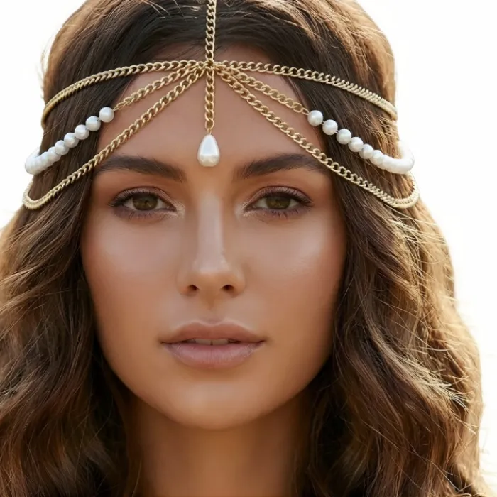 Authentic Party Wedding Head Jewelry Metal Water Drops Imitate Pearls Tassel Head Chain Headpiece For Women Hair Accessories
