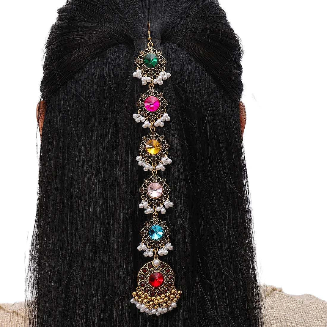 Authentic Luxury Boho Shining Crystal Rhinestone Hair Accessories for Women Colorful Zircon Pearl Beads Tassel Head Chain Indian Jewelry