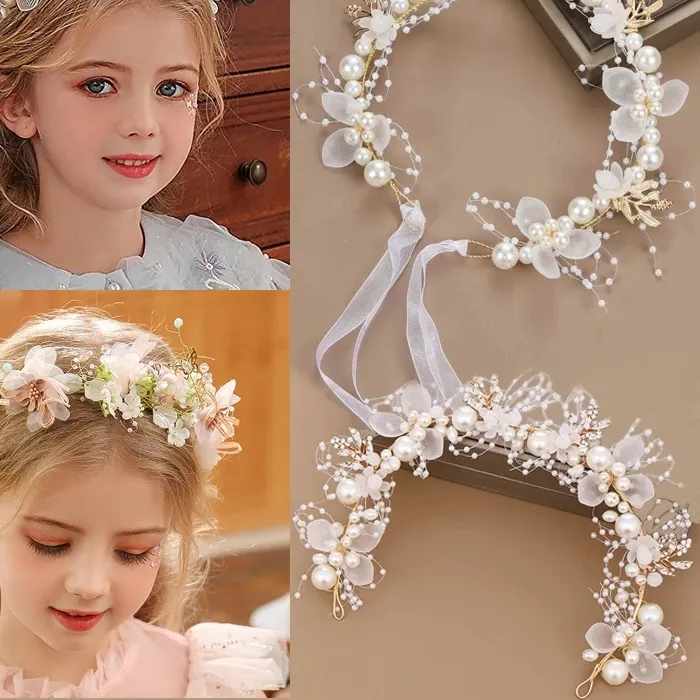 Authentic Spring Bohemian Girls Bridal Pearl Hair Headdress Flower Wreath Bride Garland Head Hoop Headbands Hair Jewelry Children Gifts