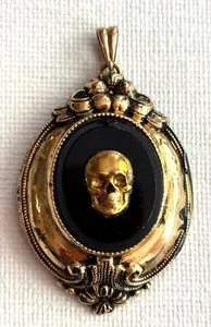 Authentic Antique Edwardian Memento Mori Gold Plated Skull Black Stone Pendant