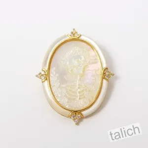Authentic Gold Plated White Mother of Pearl Memento Mori Skull Flower Cameo Pendant Brooch