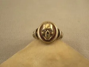 Authentic Rare antique gold plated silver enamel diamond masonic memento mori ring Sz 9.5