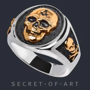 Authentic Masonic Ring Skull All Seeing Eye Memento Freemason 925 Silver 18K-Gold-Plated