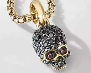 Authentic Pave Set Lab-Created Diamond Memento Mori Skull Pendant 14K Two-Tone Gold Plated