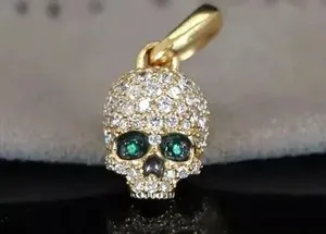 Authentic 14k Yellow Gold Plated Pave Round Lab Created Diamond Memento Mori Skull Pendant