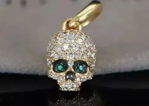 Authentic 14k Yellow Gold Plated Pave Round Lab Created Diamond Memento Mori Skull Pendant