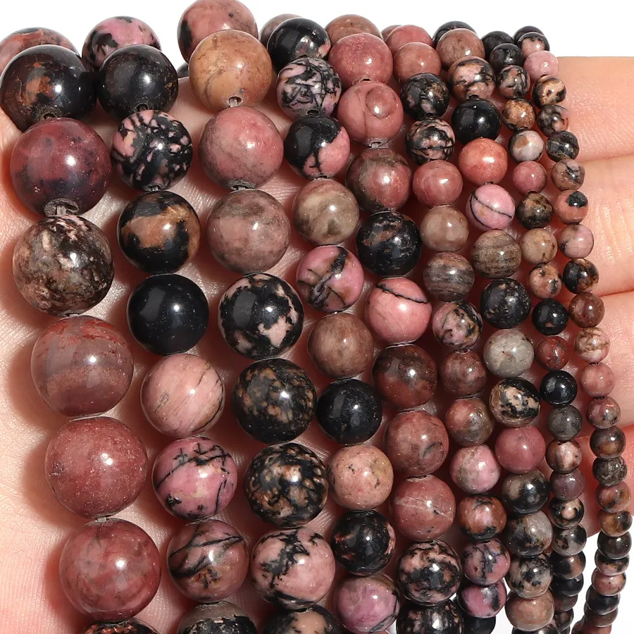 Authentic 4/6/8/10/12mm Natural Black Line Red Rhodochrosite Stone Round Loose Beads For Jewelry Making DIY Bracelets Necklace Accessories