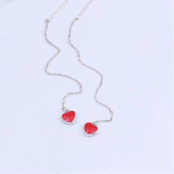 Authentic Simple Dripping Red Love Ear Line 925 Sterling Silver Jewelry Sweet Cute Peach Heart Popular Earrings E187