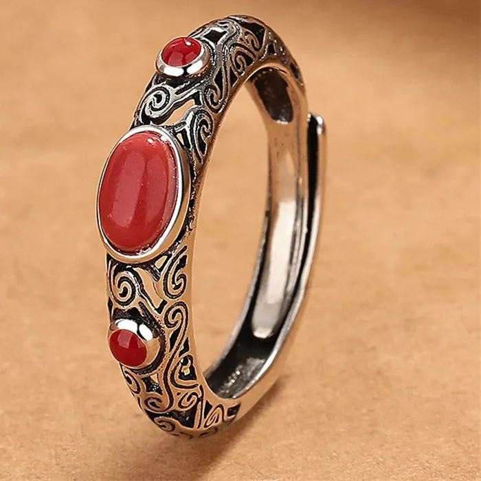 Authentic Ethnic Style Jade Red Ring For Lady Engagement Accessories Vintage Hollow Lines Flower Ring Women Jewelry Adjustable