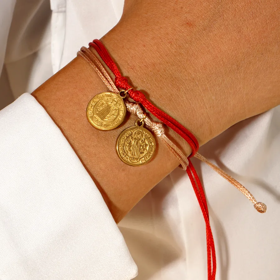 Authentic 1pc Bohemian Minimalist Style Saint Maiden Bronze Pendant Double Line Red Rope Adjustable Bracelet for Girls' Daily Gifts