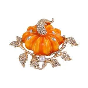 Authentic Rhinestone Autumn Pumpkin Brooch for Women Girls Gold Plated Enamel H...