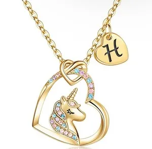 Authentic Unicorn Heart Initial Necklaces for Women Girls 14K Gold Plated Heart Necklace