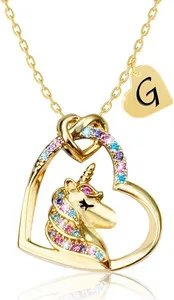 Authentic Unicorn Heart Initial Necklace Girls Gold Plated CZ Birthday