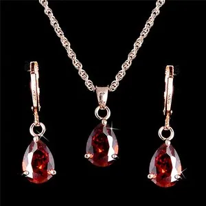 Authentic Gold Plated Pear Drop Necklace Pendant Crystal Earrings Girls Women Jewelry Set