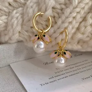 Authentic 18K Gold plated Tulip Pearl Huggie Earrings Flower Earrings For Women Girls 086