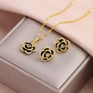Authentic Gold Plated Beautiful Flower Shape Pendant Earrings Set For Women/Girls