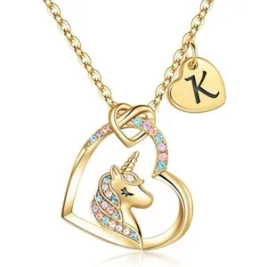 Authentic Unicorn Heart Initial Necklaces for Women Girls 14K Gold Plated Heart Necklace