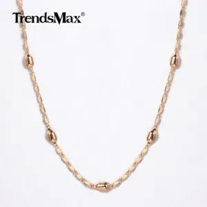 Authentic 4mm 24" 585 Rose Gold Plated Beaded Link Necklace For Women Girls Chain Jewelry