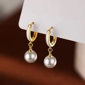 Authentic 18K Gold Plated White Enamel Pearl Drop Huggie Hoop Earrings for women girls 189