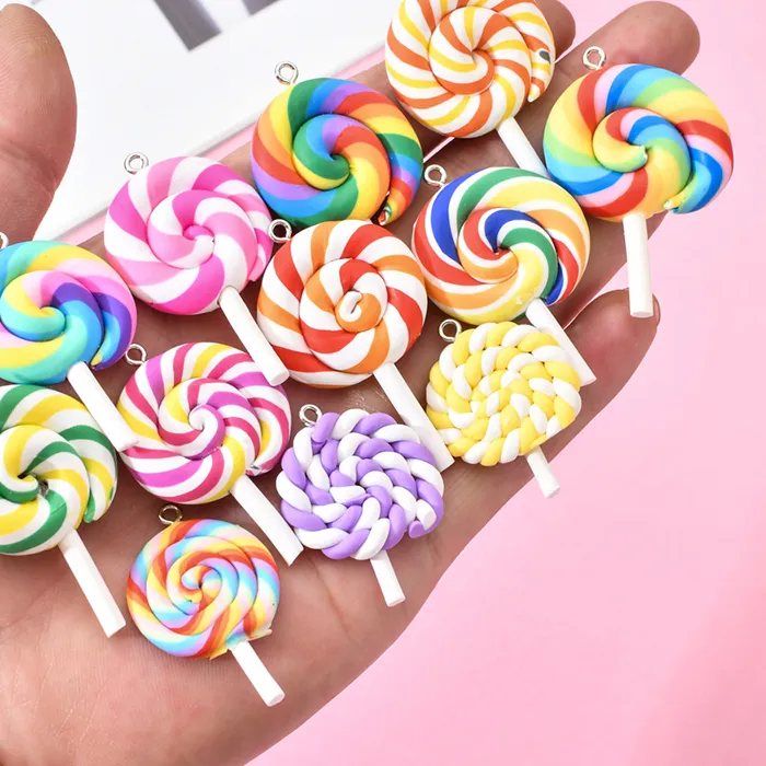 Authentic 10Pcs Random Color Soft Clay Simulation Lollipop Charms Pendant For Women Girls DIY Necklace Earrings Jewelry Accessories