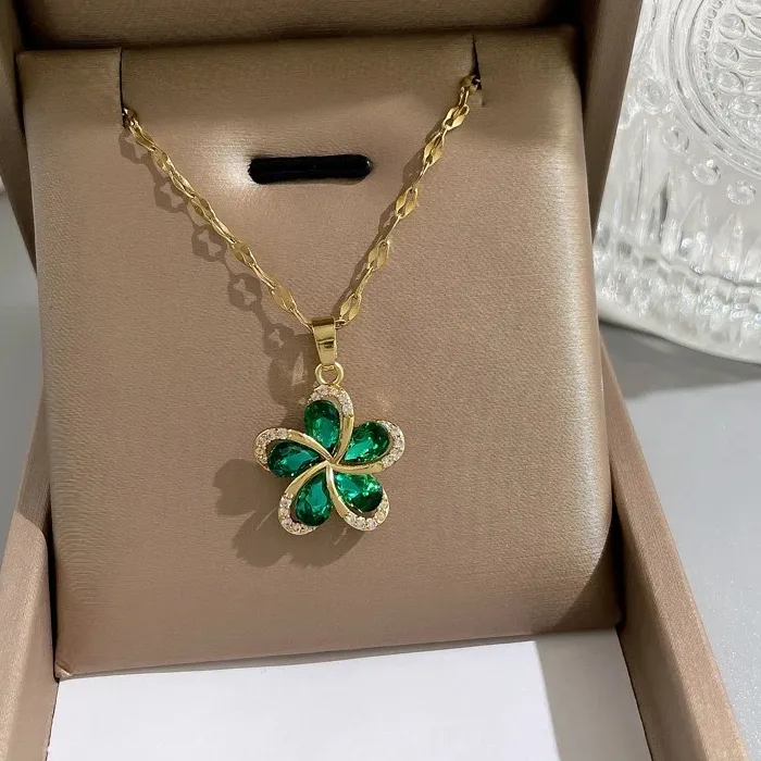 Authentic DIEYURO 316L Green Zircon Flowers Pendant Necklace For Women Luxury Girls Lucky Chain Birthday Jewelry Gifts