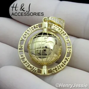 Authentic 925 STERLING SILVER ICY BLING CZ GOLD PLATED 3D SPIN GLOBE MAP PENDANT*AGP262