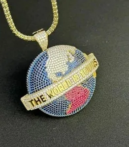 Authentic 3Ct Round Lab Created Multi Gemstone Custom Globe Pendant 14k Yellow Gold Plated