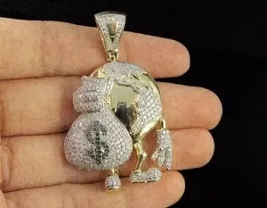 Authentic 2TCW Lab Created Diamond Men's Globe Money Bag Pendant 14k Yellow Gold Plated