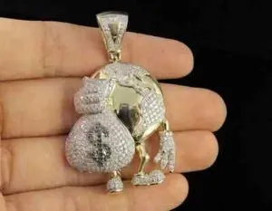 Authentic 1.50Ct Round Moissanite Men's Globe Money Bag Pendant in 14k Yellow Gold Plated