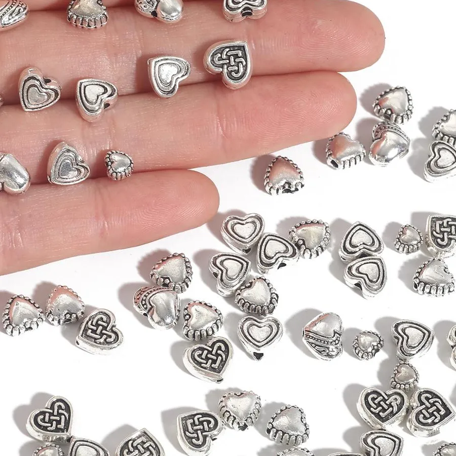 Authentic 20-50pcs Antique Silver Color Love Spacer Beads Heart-shaped Charm Loose Beads For Jewelry Making DIY Earrings Necklace