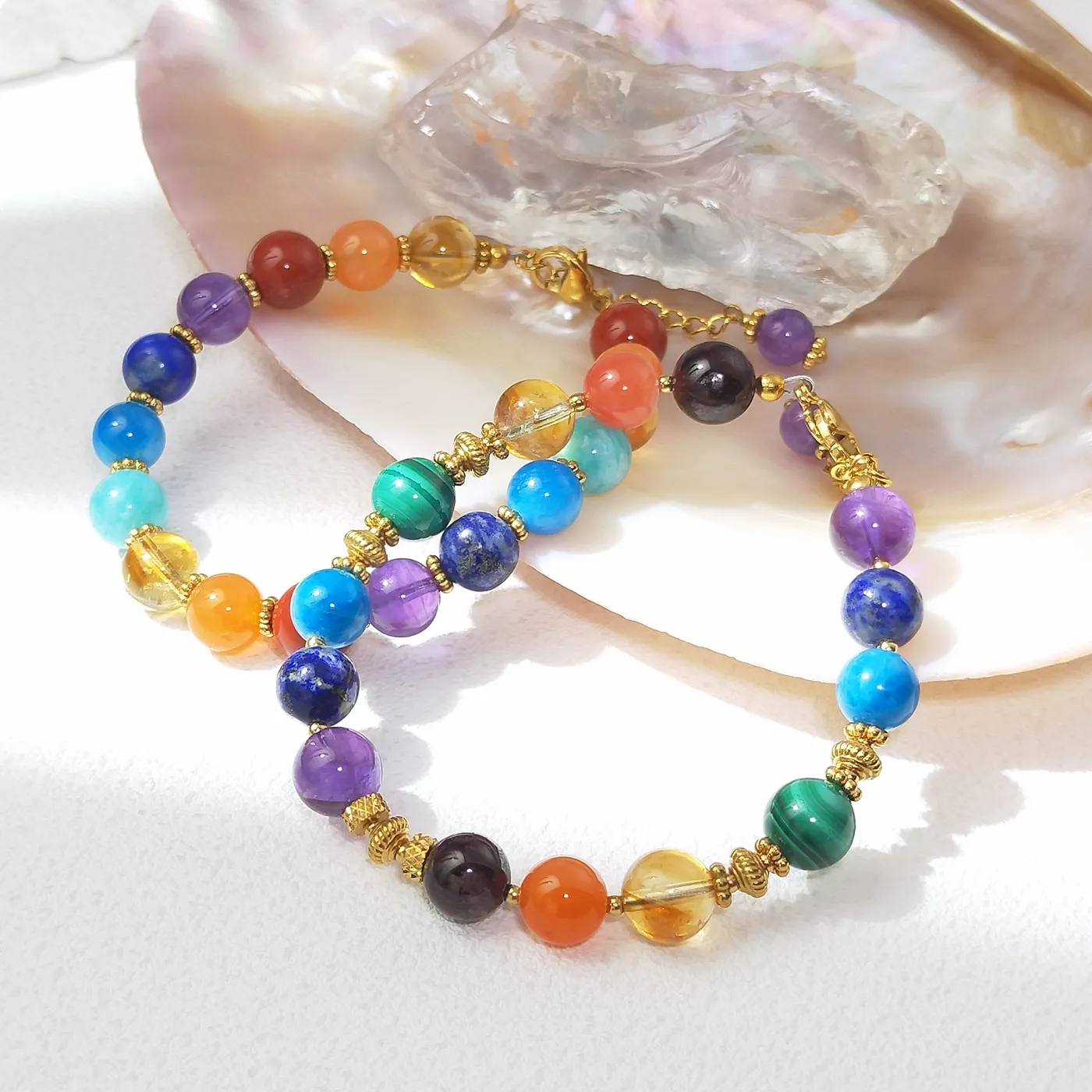 Authentic Lii Ji 8mm 7 Chakras Natural Stone Beaded Bracelet Gold Handmade Jewelry
