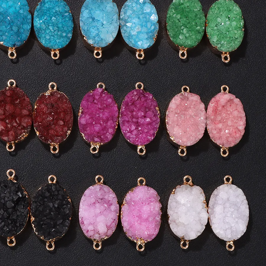 Authentic Natural Healing Crystal Druzy Pendant Dyed Oval Shape Rough Agates Geode Connector Charms For Diy Women Handmade Jewelry Making