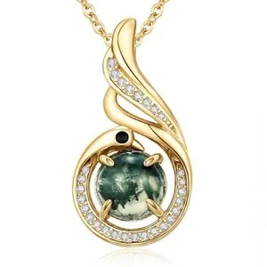 Authentic 14k Gold Plated Moss Agate Teardrop Necklace for Women Boho Jewelry Phoenix p...
