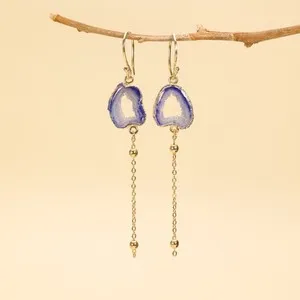 Authentic Aqua Geode Druzy Earrings, Gold Plated Agate Slice Dangle, Boho Gemstone Jewelry