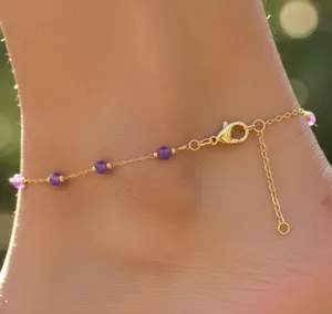Authentic Boho Gold Tone Amethyst Anklet 18K Gold Plated Minimalist Chain Beaded Purple