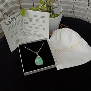 Authentic Boho & Mala 18k Gold Plated Green Stone Pendant Cable Chain in Box