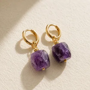 Authentic Natural Amethyst Cube Drop Earrings | 18K Gold Plated | Peace & Intuition | Boho