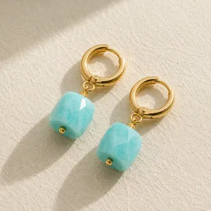 Authentic Natural Amazonite Cube Drop Earrings | 18K Gold Plated | Truth & Calm | Boho